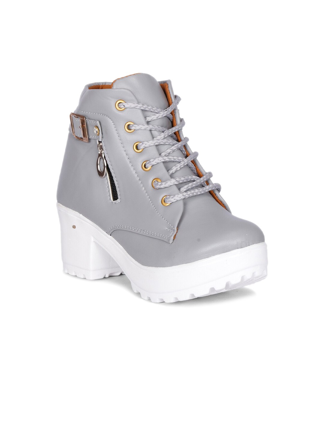 

Krafter Women Buckled Heeled Mid-Top Chunky Boots, Grey