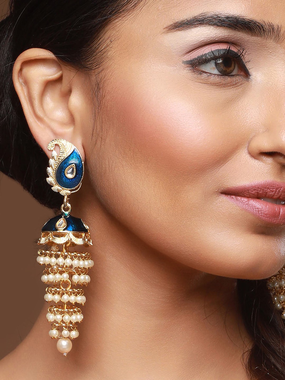 

Anouk Gold-Plated Kundan-Studded & Meenakari Jhumkas Earrings