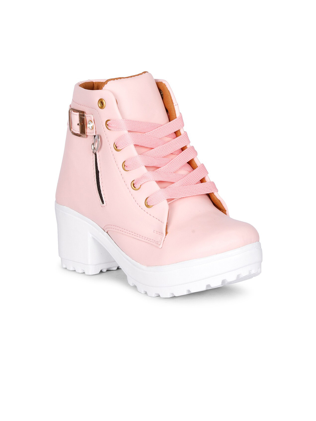 

Krafter Women Buckled Heeled Mid-Top Chunky Boots, Pink