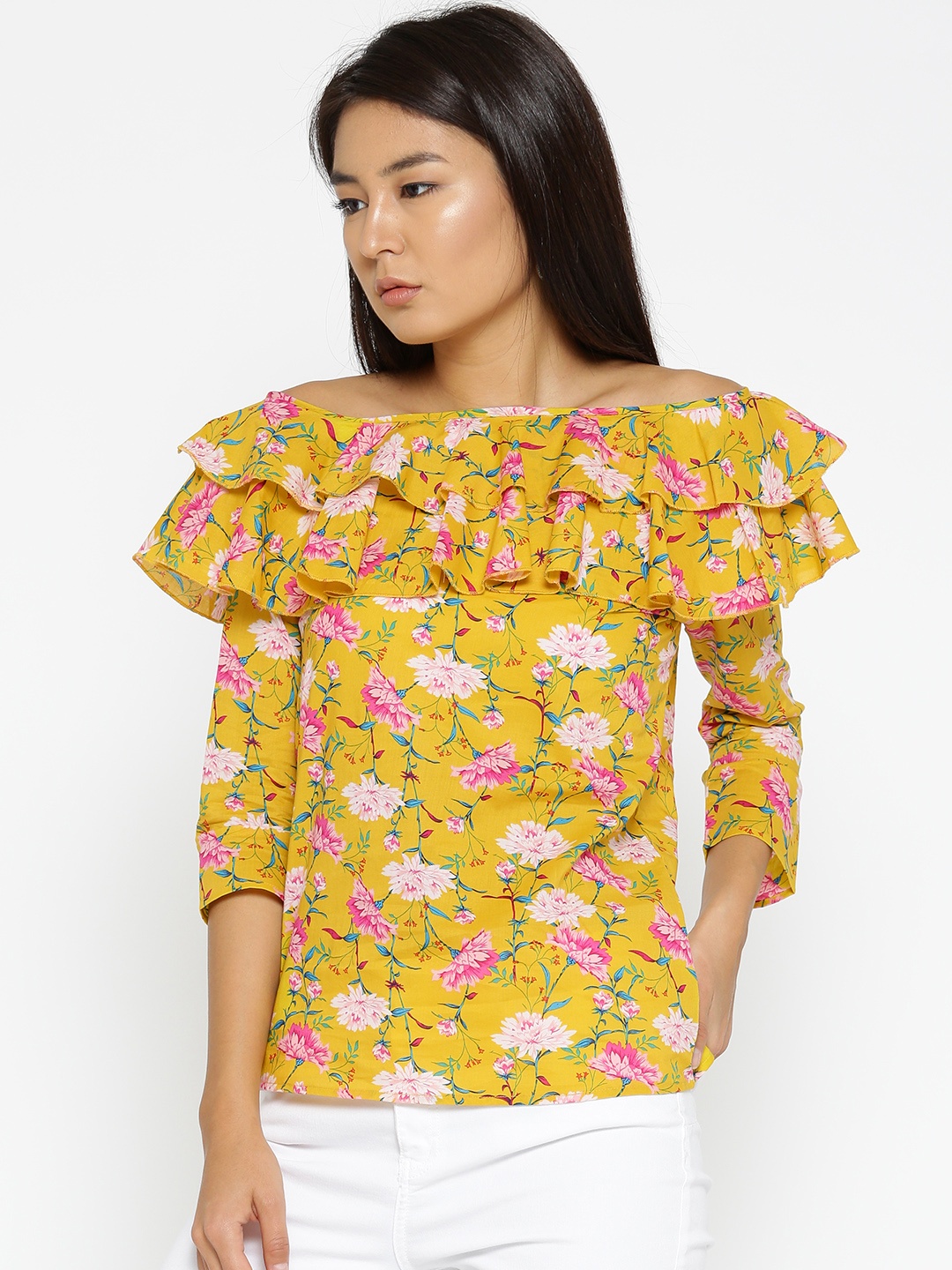 

Noi Women Yellow & Pink Floral Print Ruffled Pure Cotton Top