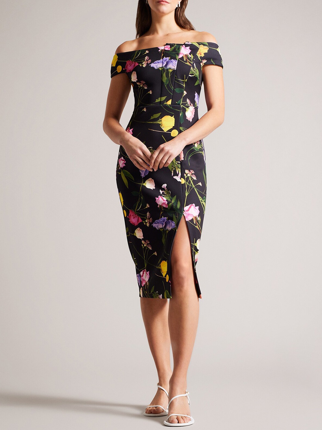 

Ted Baker Floral Printed Off-Shoulder Bodycon Midi Dress, Black