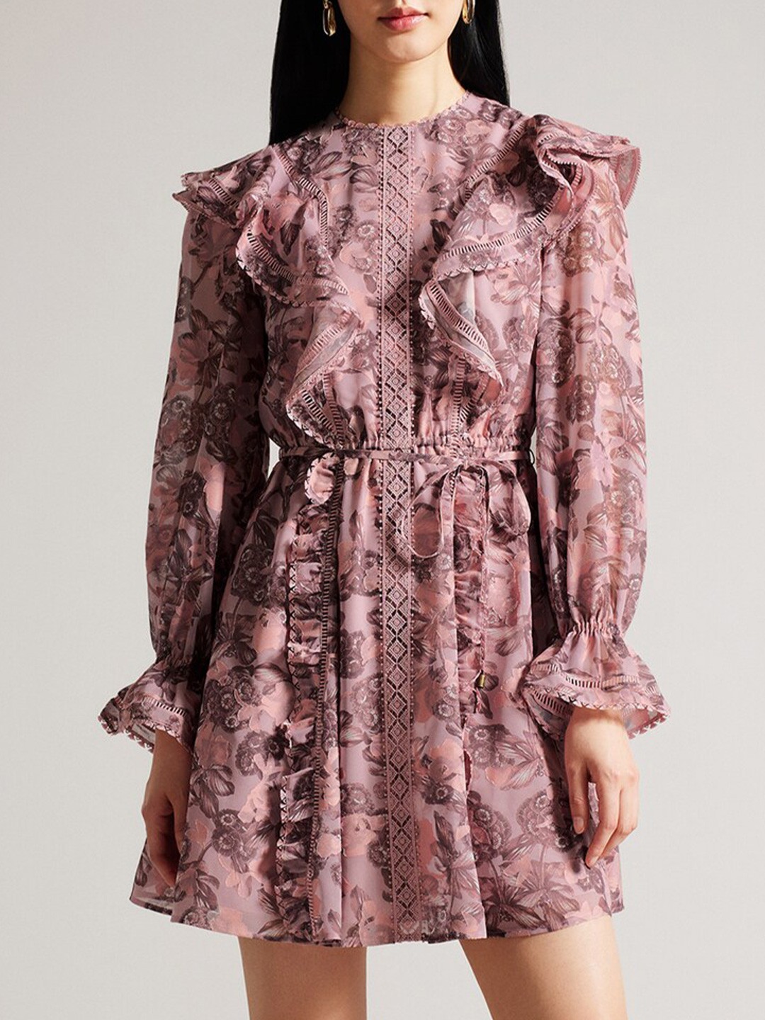 

Ted Baker Floral Printed Ruffled A-Line Dress, Pink