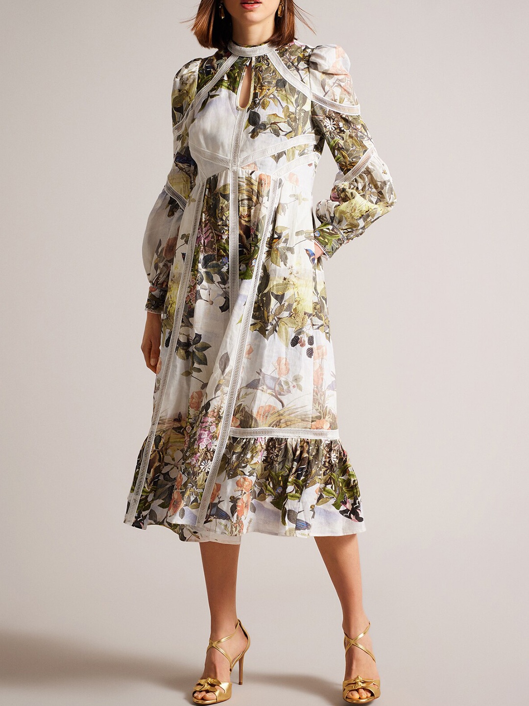 

Ted Baker Floral Printed Puff Sleeve Linen A-Line Midi Dress, White