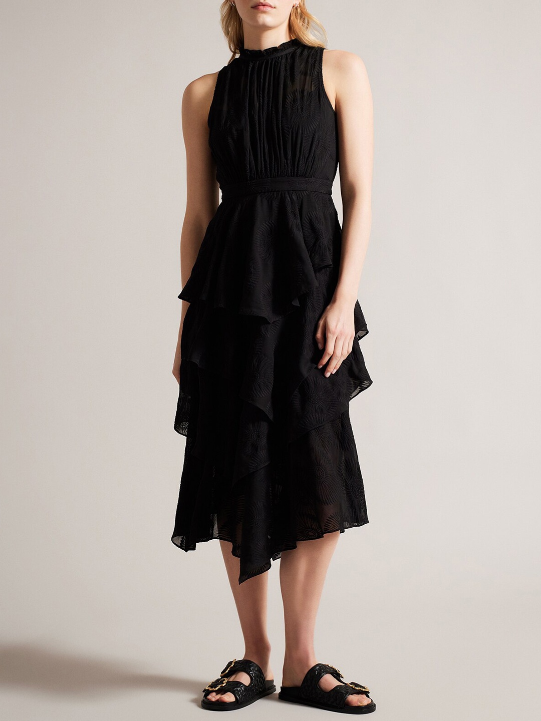 

Ted Baker Self Design High Neck Layered A-Line Midi Dress, Black