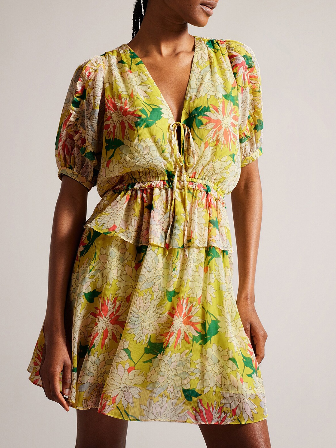 

Ted Baker Floral Printed Puff Sleeves Ruffled A-Line Mini Dress, Yellow