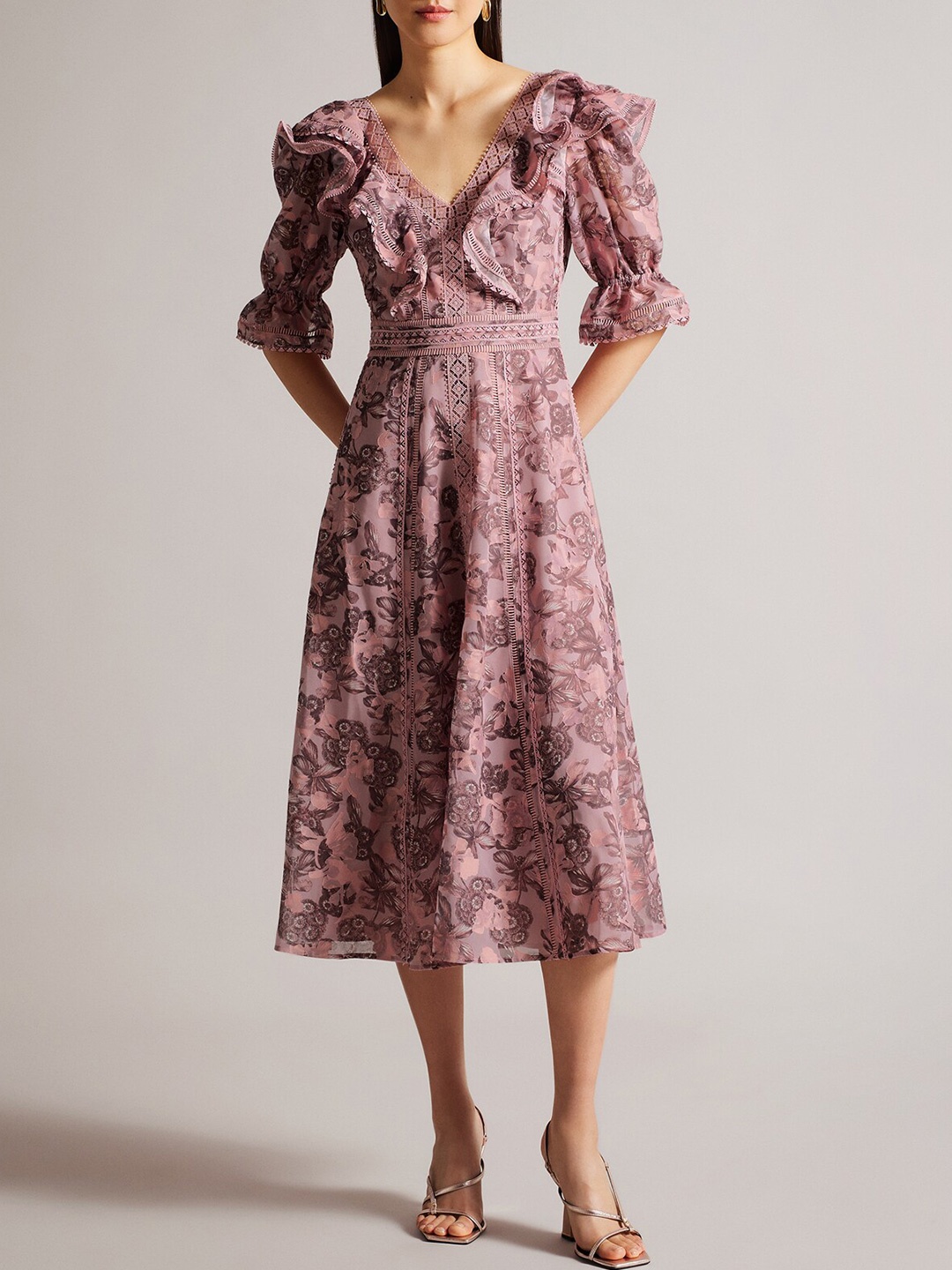 

Ted Baker Floral Printed Puff Sleeve Ruffled A-Line Midi Dress, Pink