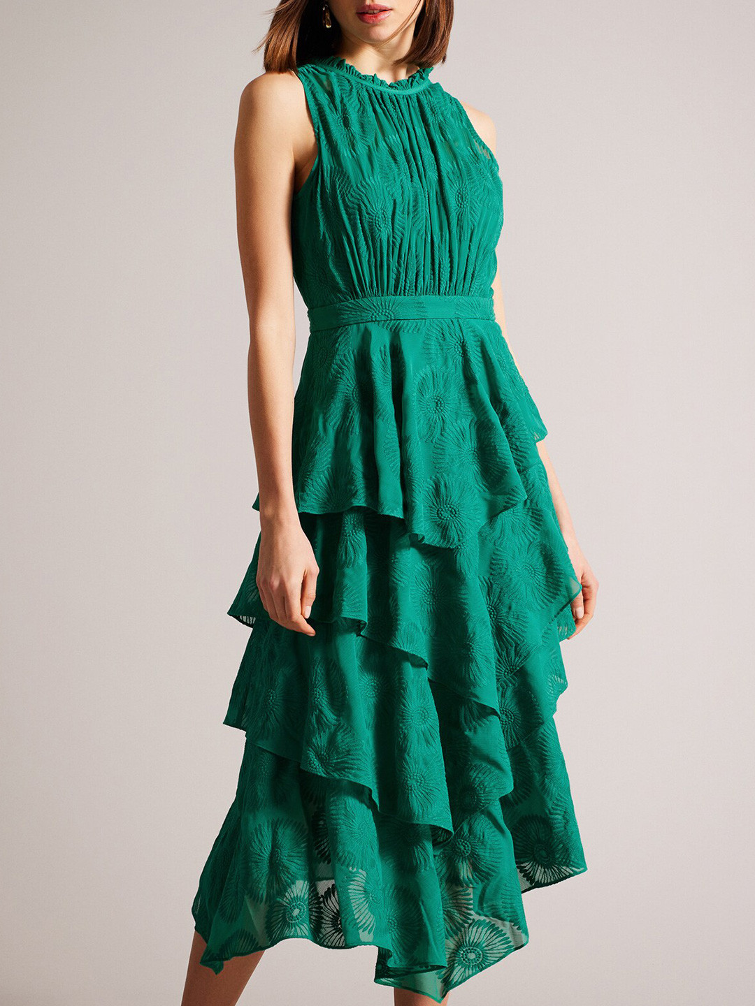 

Ted Baker Self Design High Neck Layered A-Line Midi Dress, Green