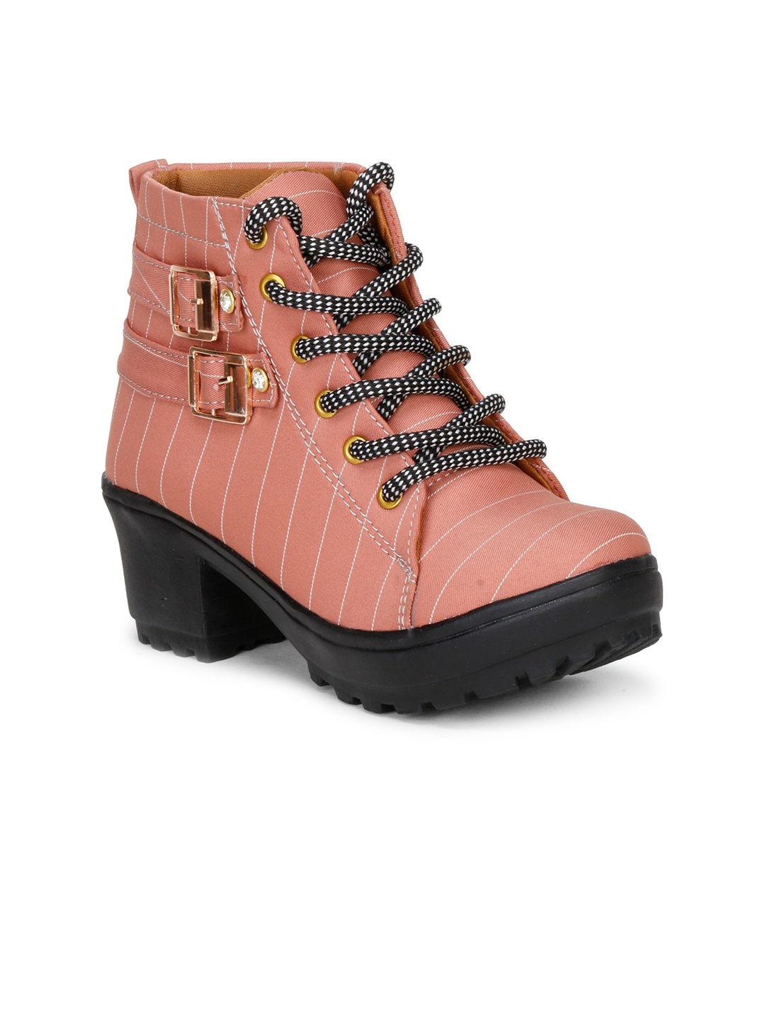 

Krafter Women Striped Heeled Mid-Top Chunky Boots, Pink