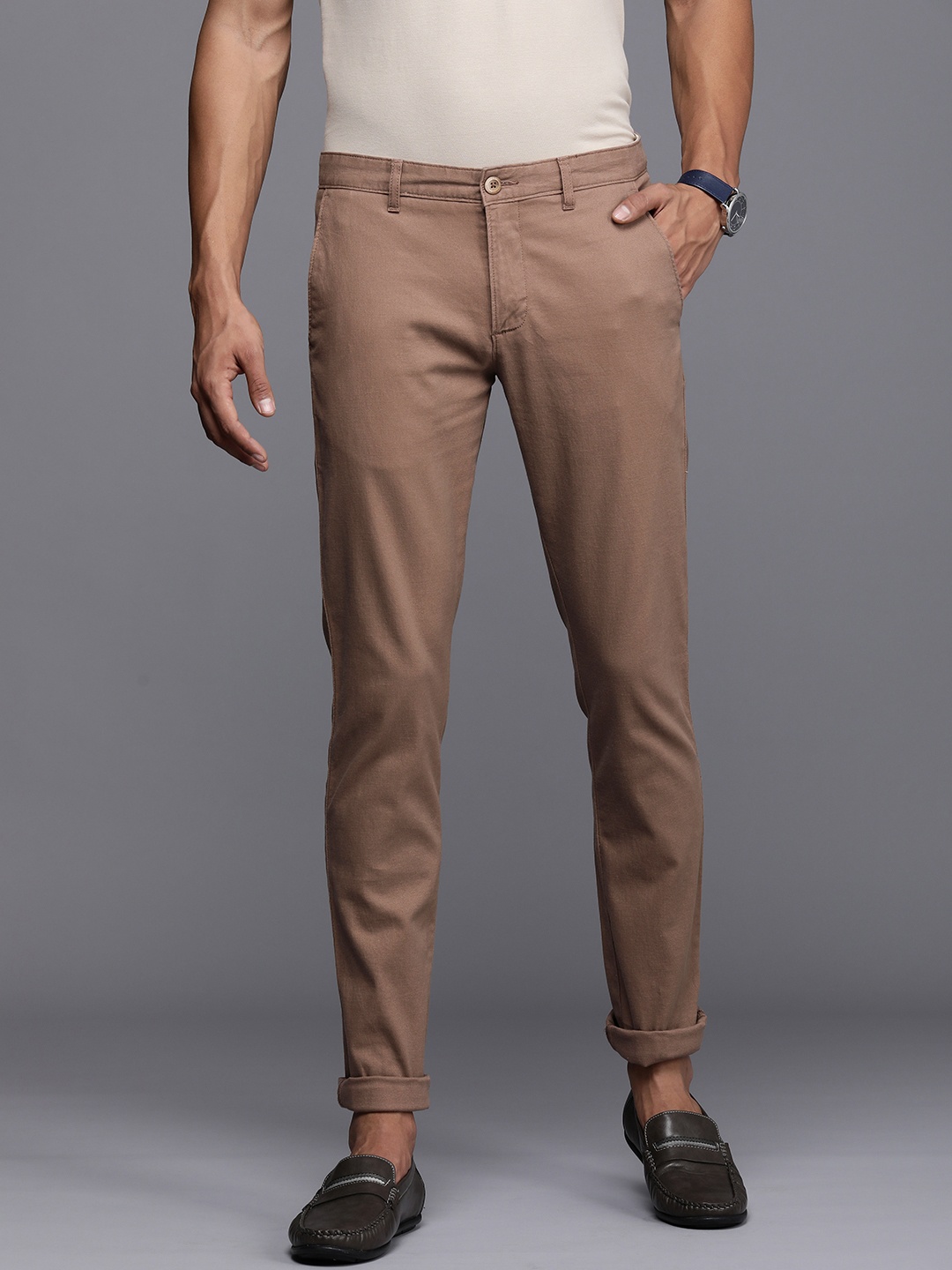 

Louis Philippe Sport Men Super Slim Fit Solid Mid-Rise Trousers, Brown