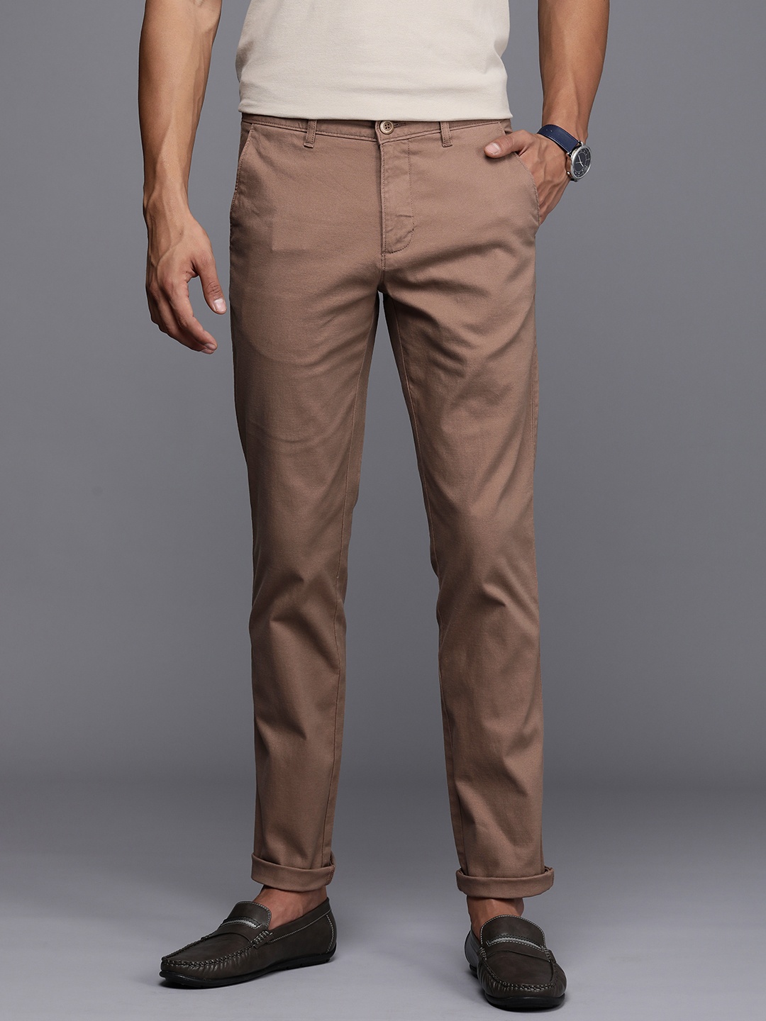 

Louis Philippe Sport Men Slim Fit Solid Mid-Rise Trousers, Brown