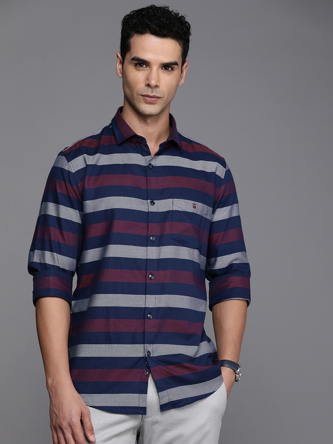 

Louis Philippe Sport Pure Cotton Super Slim Fit Striped Semiformal Shirt, Navy blue