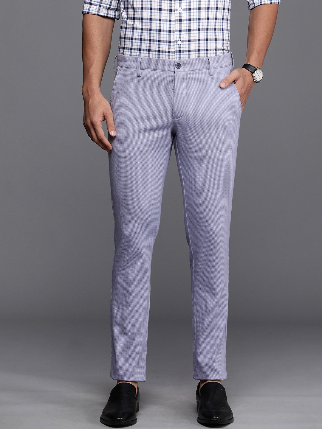 

Louis Philippe Sport Men Self Design Tapered Fit Low-Rise Chinos Semi Formal Trousers, Blue