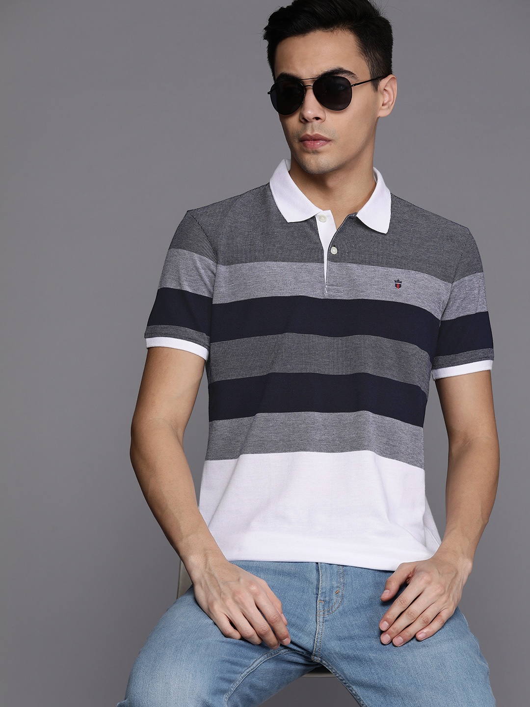

Louis Philippe Sport Striped Polo Collar Slim Fit T-shirt, Navy blue