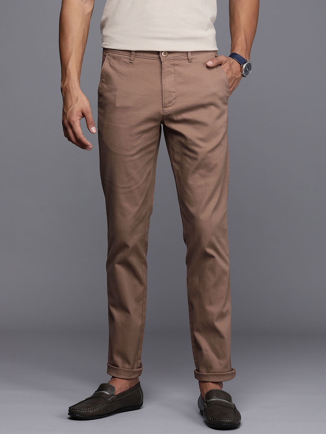 

Louis Philippe Sport Men Super Slim Fit Solid Mid-Rise Trousers, Brown