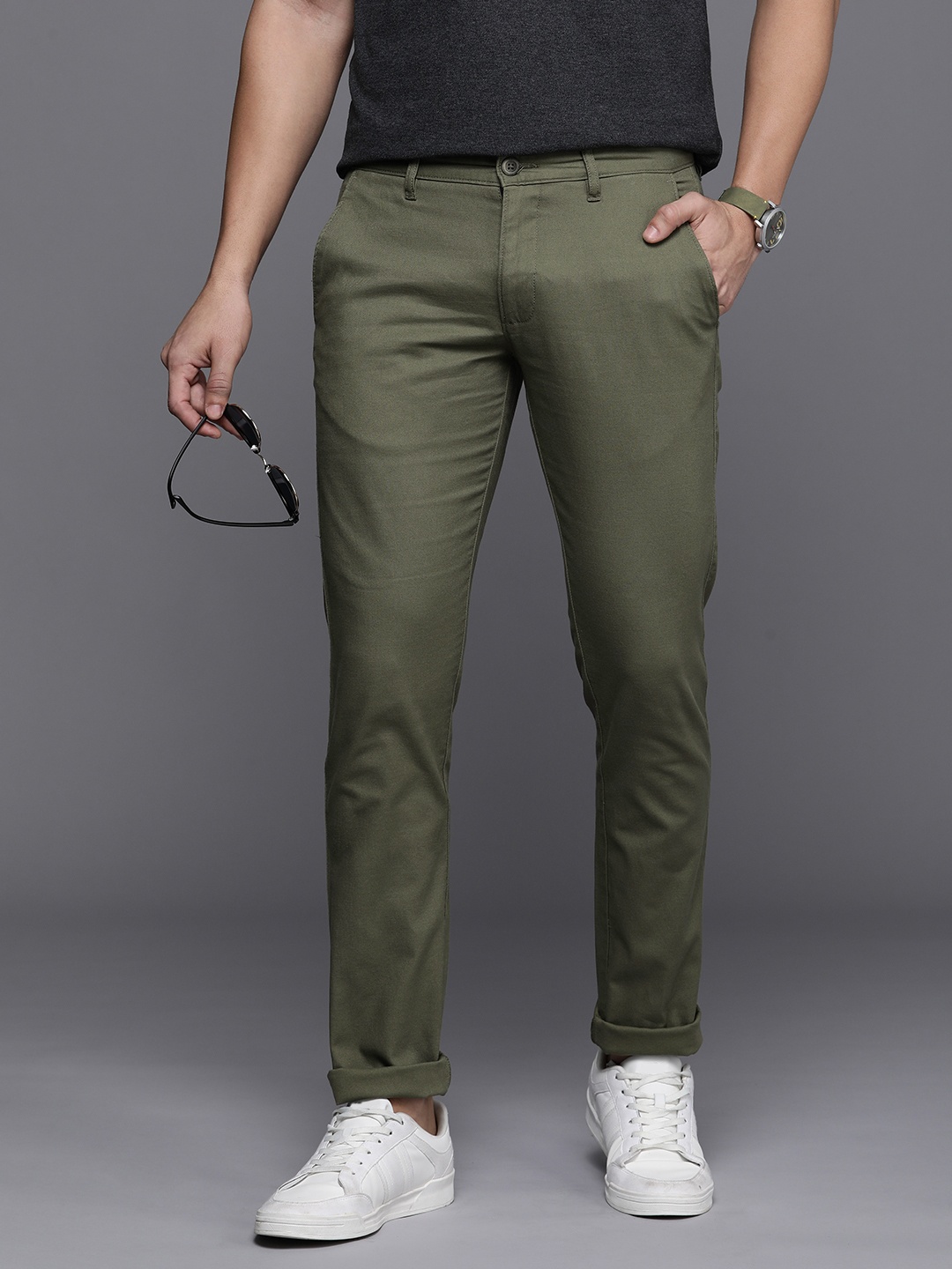 

Louis Philippe Sport Men Super Slim Fit Low-Rise Chinos Trousers, Olive
