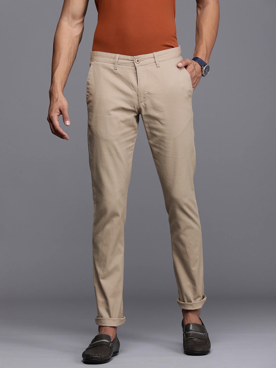 

Louis Philippe Sport Men Super Slim Fit Solid Mid-Rise Trousers, Beige