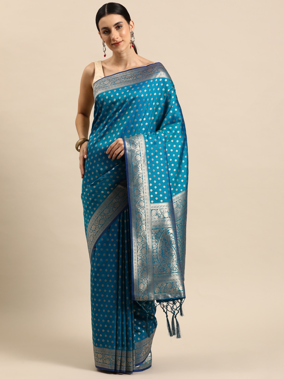 

Ishin Ethnic Motifs Zari Silk Blend Banarasi Saree, Turquoise blue