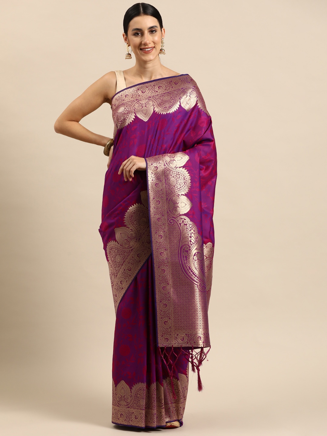 

Ishin Ethnic Motifs Zari Silk Blend Banarasi Saree, Magenta