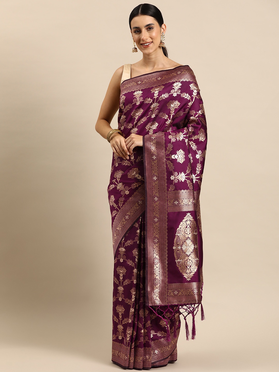 

Ishin Floral Zari Silk Blend Banarasi Saree, Magenta