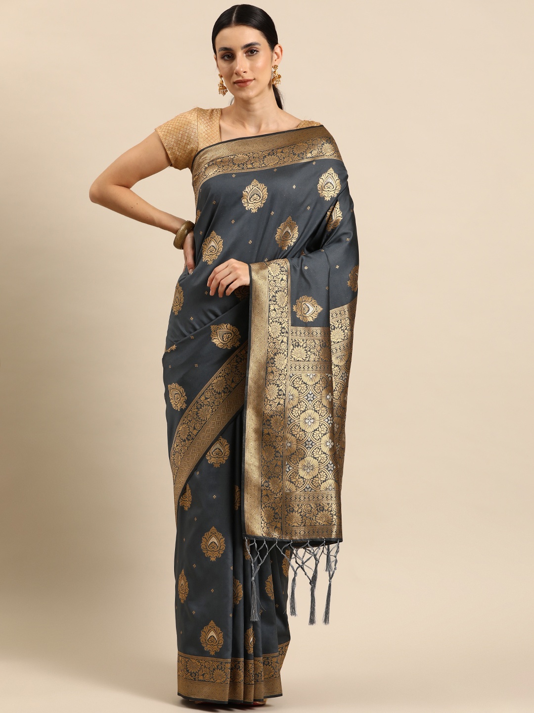 

Ishin Ethnic Motifs Zari Silk Blend Banarasi Saree, Grey