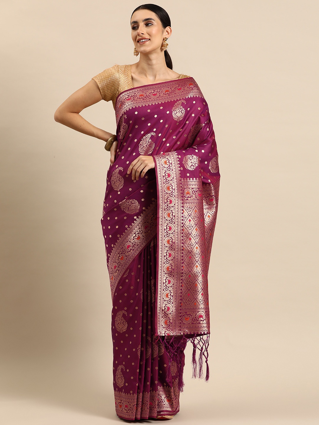 

Ishin Ethnic Motifs Zari Silk Blend Banarasi Saree, Magenta