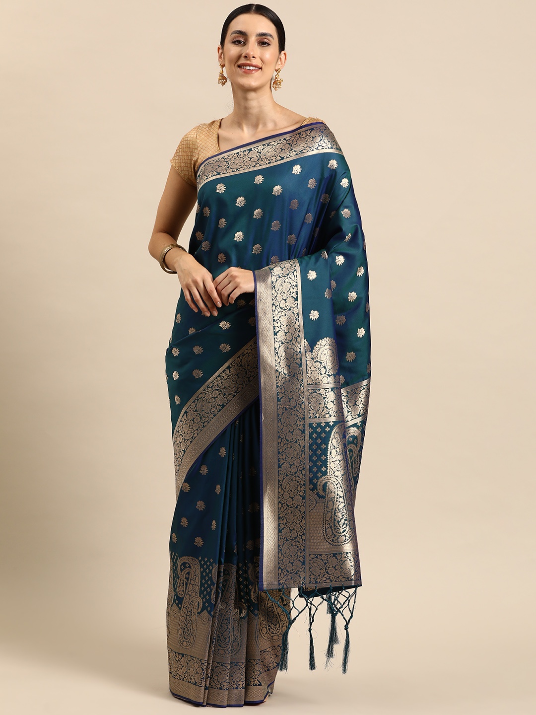 

Ishin Ethnic Motifs Zari Silk Blend Banarasi Saree, Teal