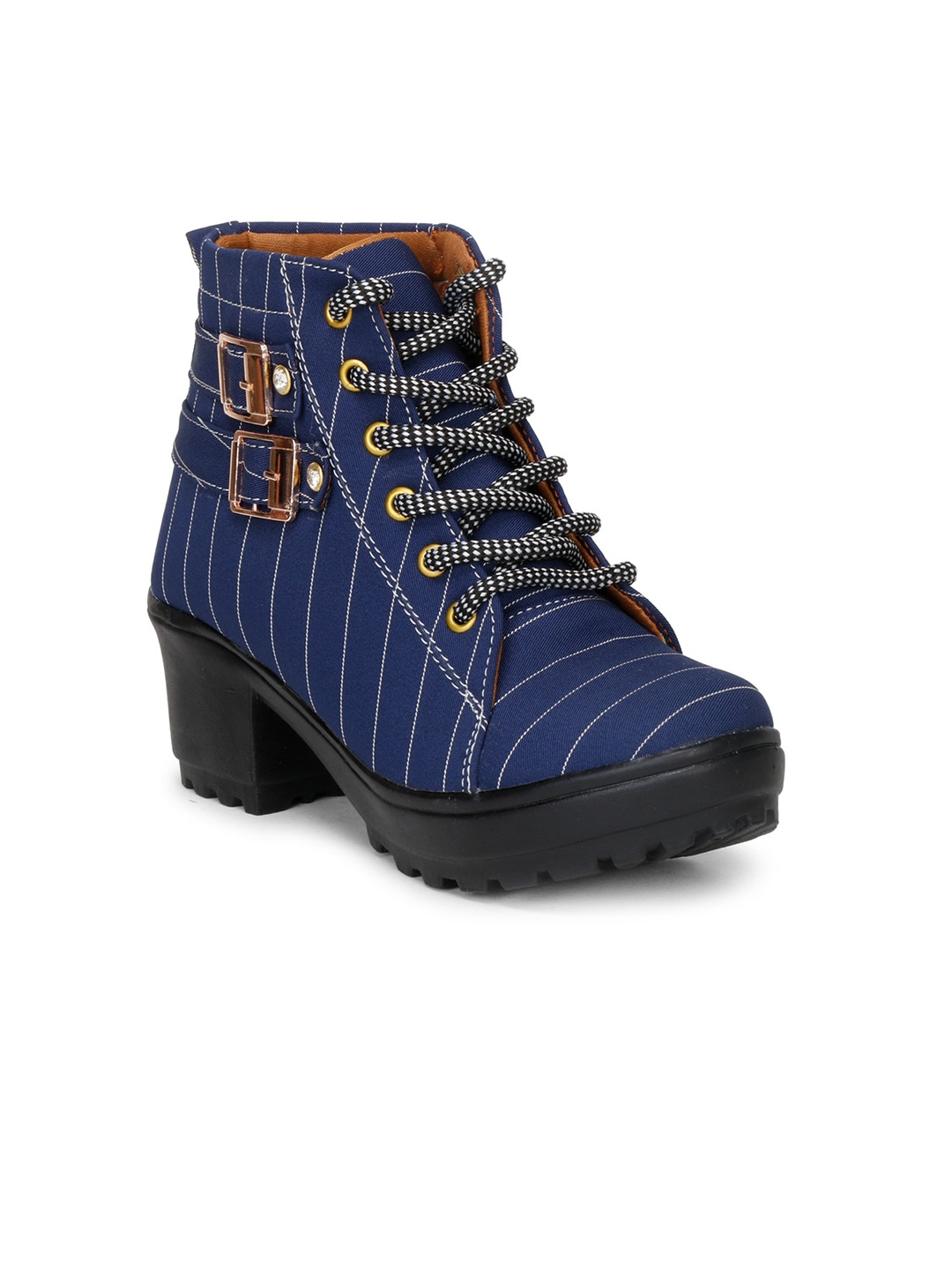 

Krafter Women Striped Heeled Mid-Top Chunky Boots, Navy blue