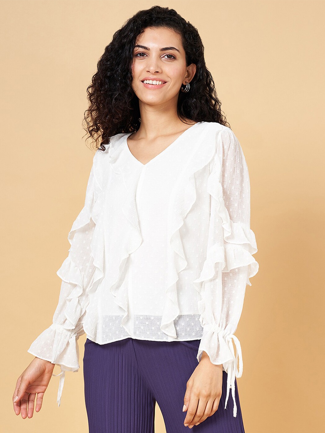 

Honey by Pantaloons V-Neck Ruffles Bell Sleeve Top, Off white