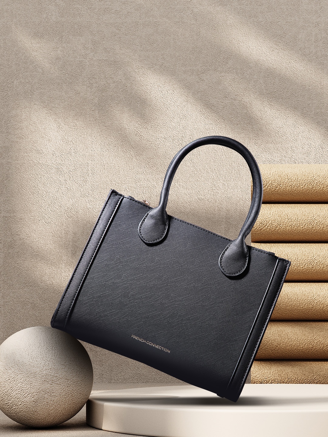 

French Connection Abstract Textured Structured Handheld Bag, Black