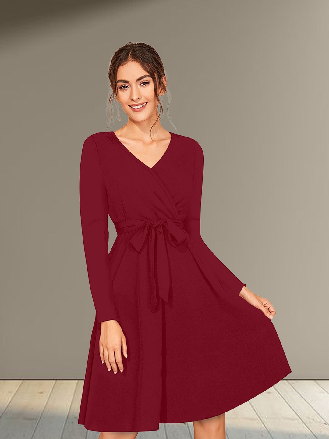 

N N ENTERPRISE V Neck Long Sleeve Bodycon Dress, Maroon