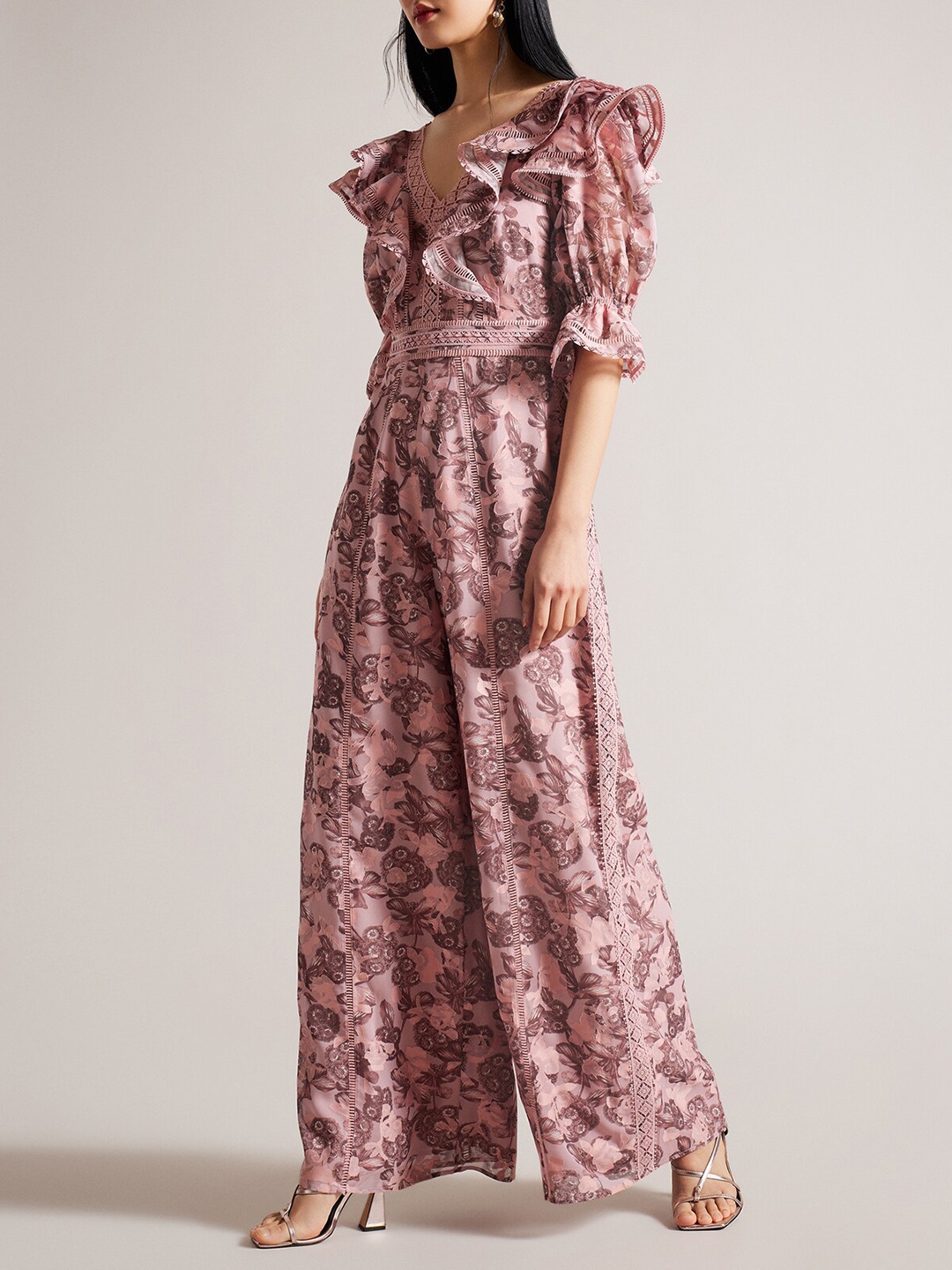 

Ted Baker Floral Printed Bell Sleeves Lace Detail Ruffled Basic Jumpsuit, Mauve