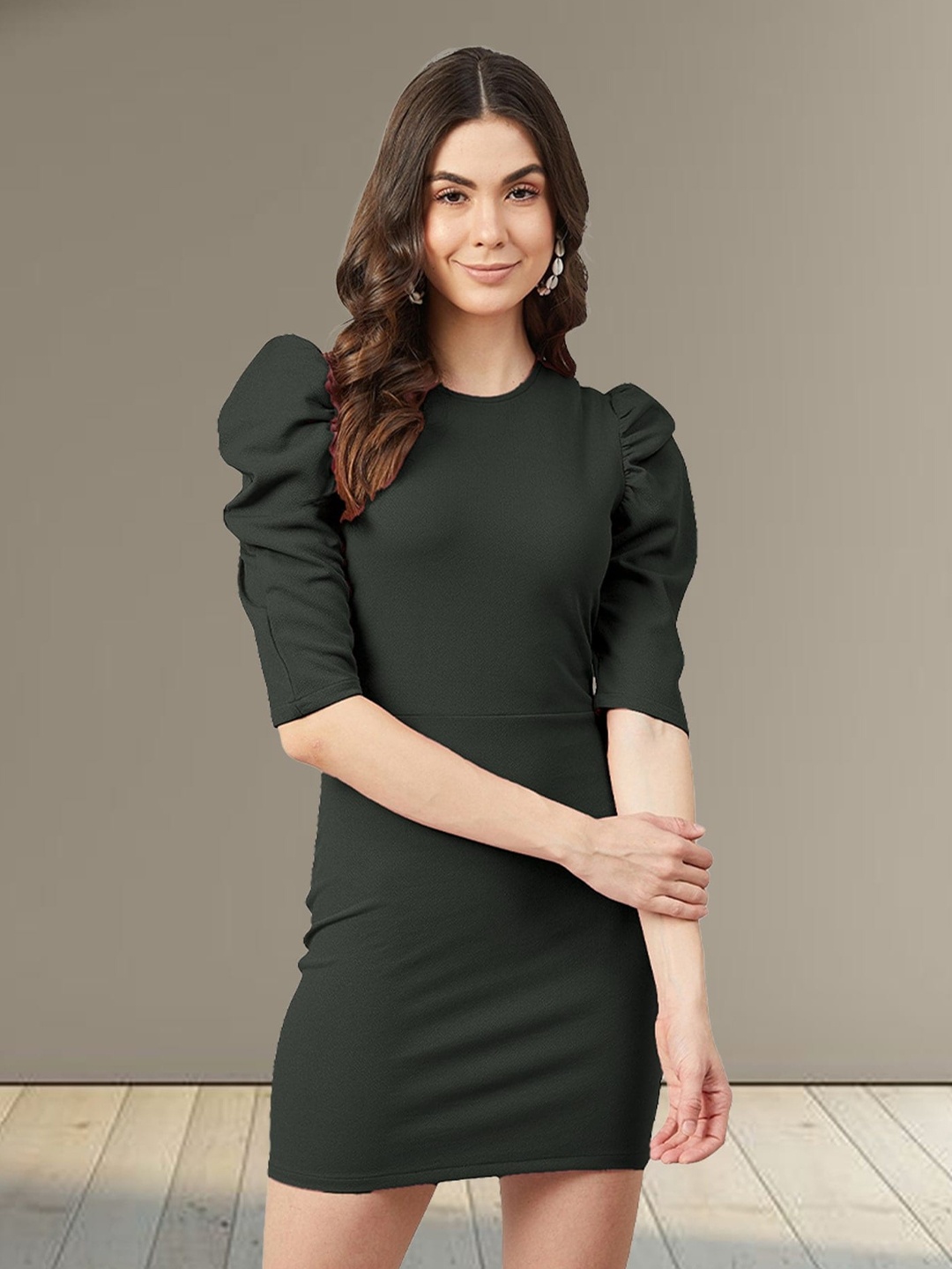 

N N ENTERPRISE Puff Sleeve Bodycon Dress, Black