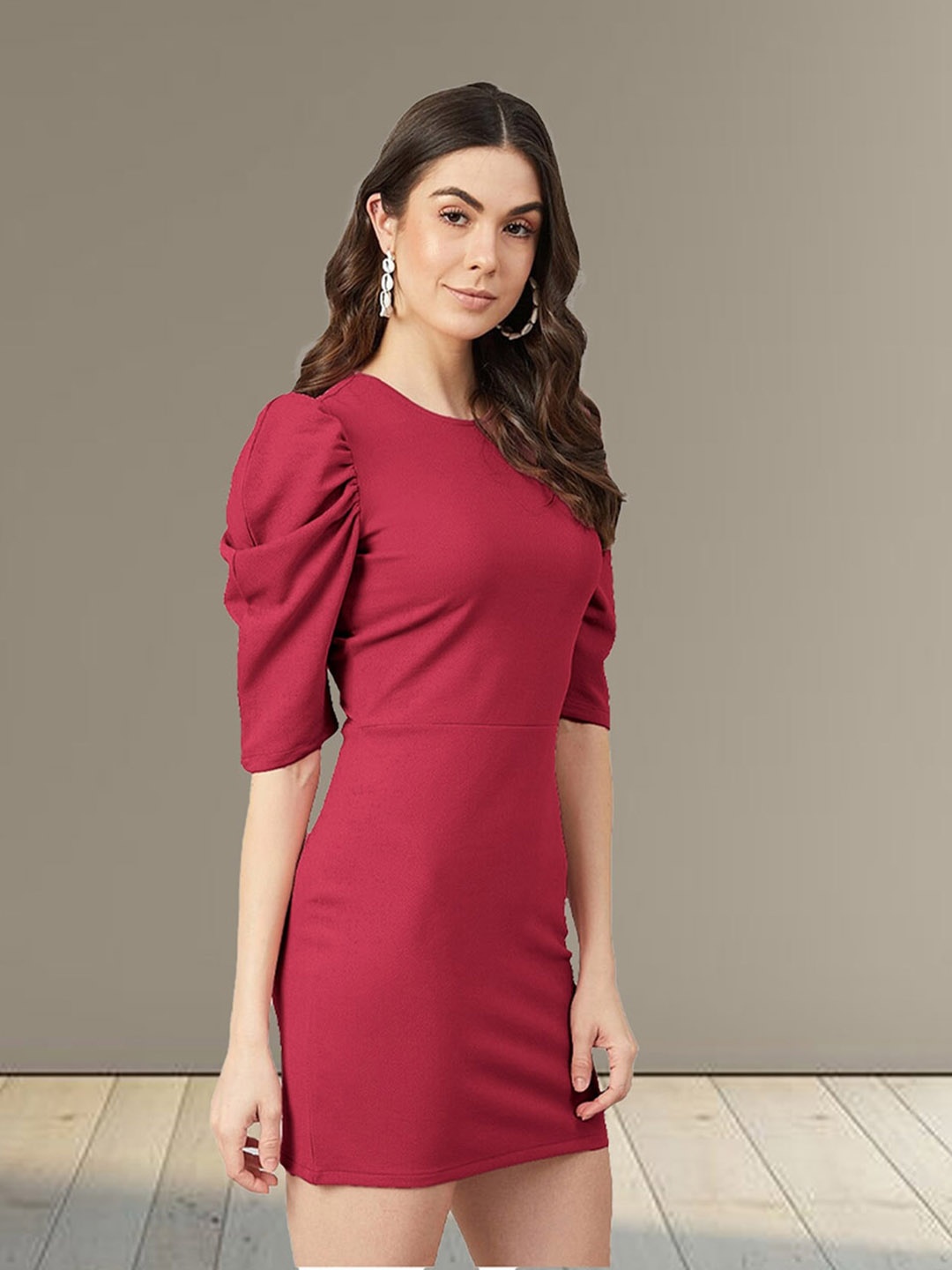 

N N ENTERPRISE Puff Sleeves Bodycon Dress, Maroon