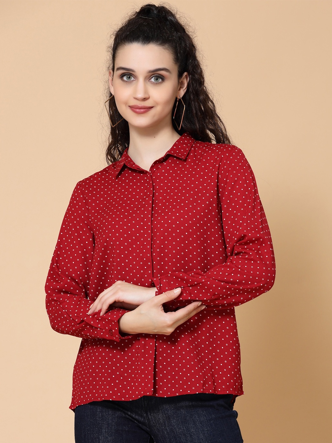 

HOUSE OF KKARMA Polka Dots Relaxed Printed Formal Shirt, Red