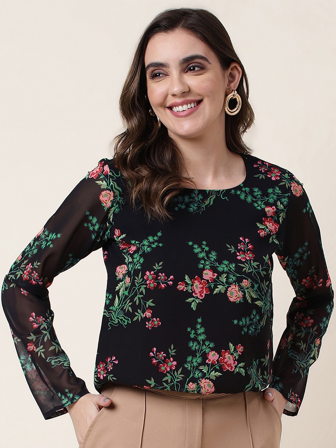 

Selvia Floral Print Round Neck Georgette Top, Black