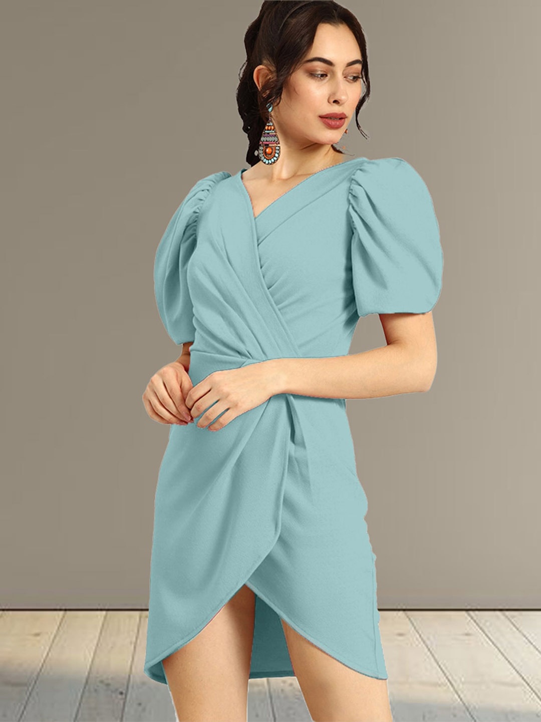 

N N ENTERPRISE V-Neck Puff Sleeves Dress, Sea green