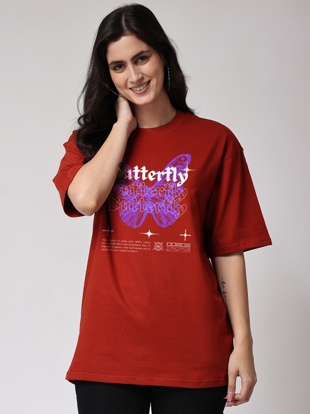 The Label Bar Typography Printed Drop-Shoulder Sleeves Cotton Oversized T-shirt, Rust