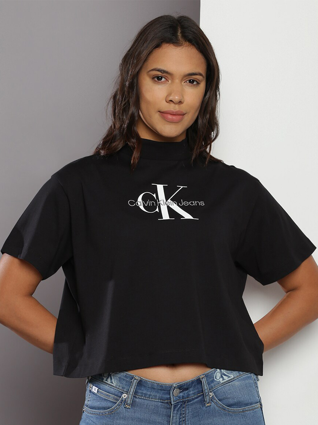 

Calvin Klein Jeans Typography Printed High Neck Pure Cotton Crop T-shirt, Black