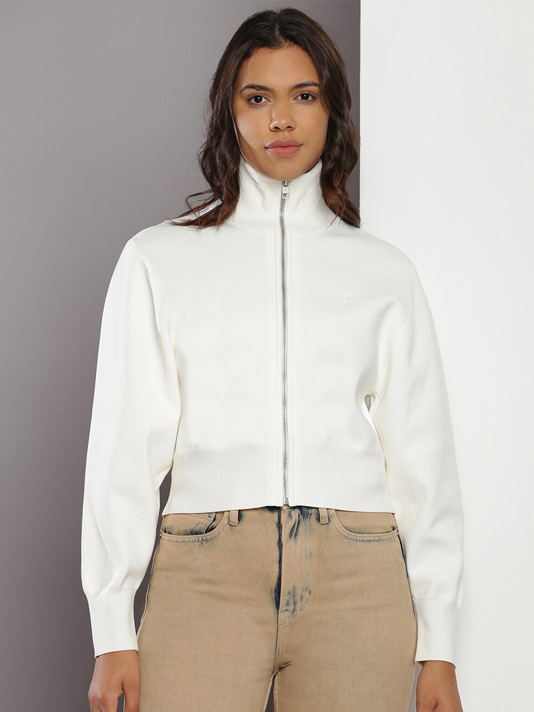 

Calvin Klein Jeans Ribbed High Neck Cardigan, White