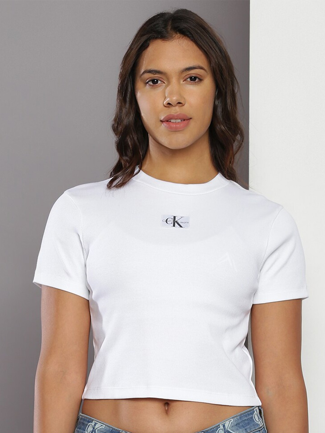 

Calvin Klein Jeans Round Neck Cotton Crop T-shirt, White