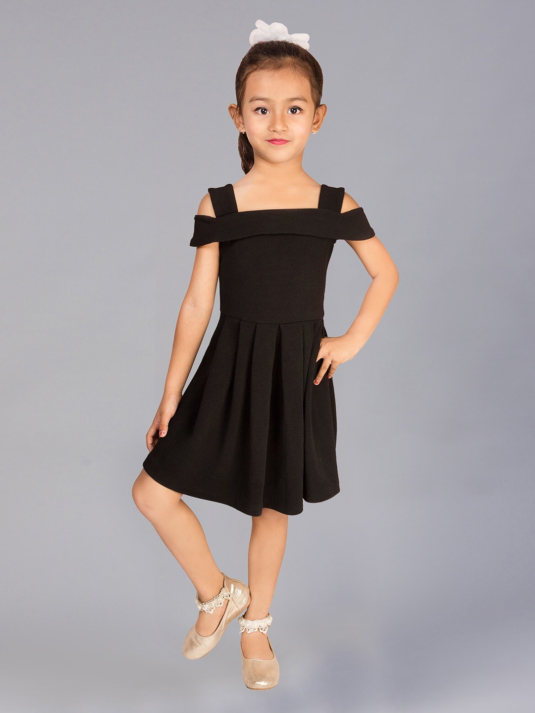 

ADDYVERO Girls Square Neck Cold-Shoulder Pleated Fit & Flare Dress, Black