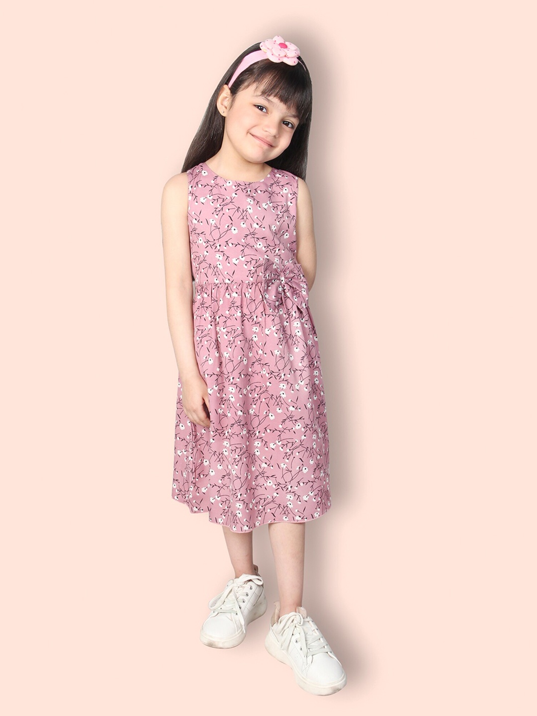 

ADDYVERO Girls Floral Printed Round Neck Sleeveless Bow A-Line Midi Dress, Pink