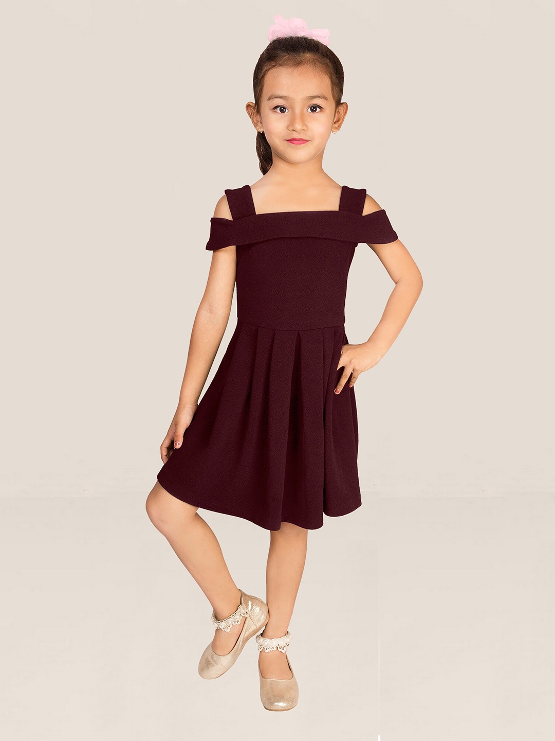 

ADDYVERO Girls Square Neck Cold-Shoulder Pleated Fit & Flare Dress, Maroon