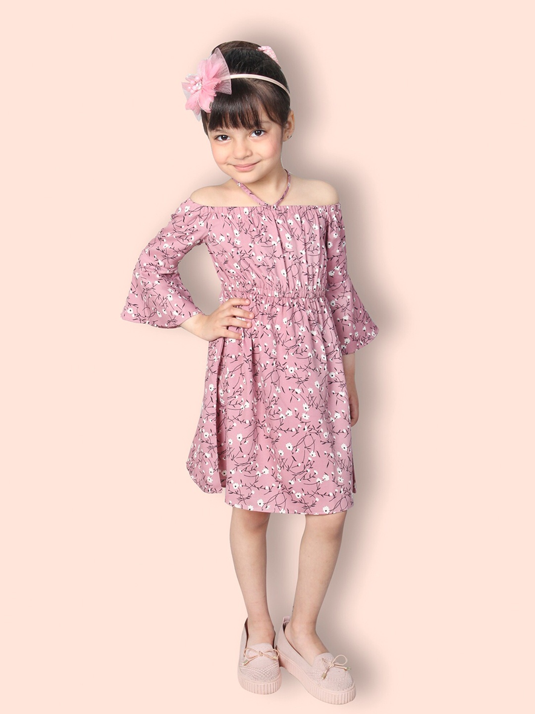 

ADDYVERO Girls Floral Printed Off-Shoulder Bell Sleeve Gathered Fit & Flare Dress, Pink