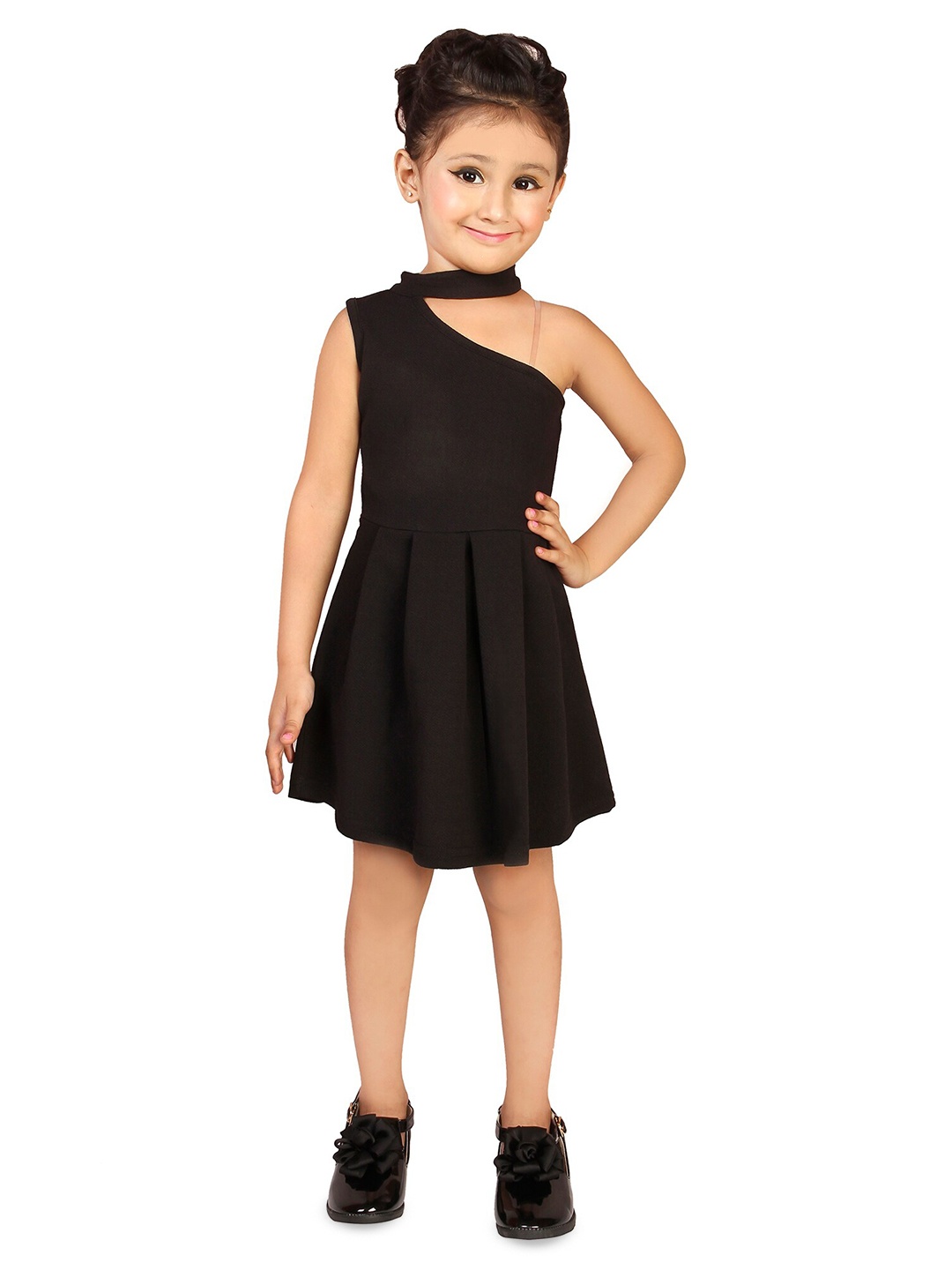 

ADDYVERO Girls One Shoulder Sleeveless Pleated Fit & Flare Dress, Black