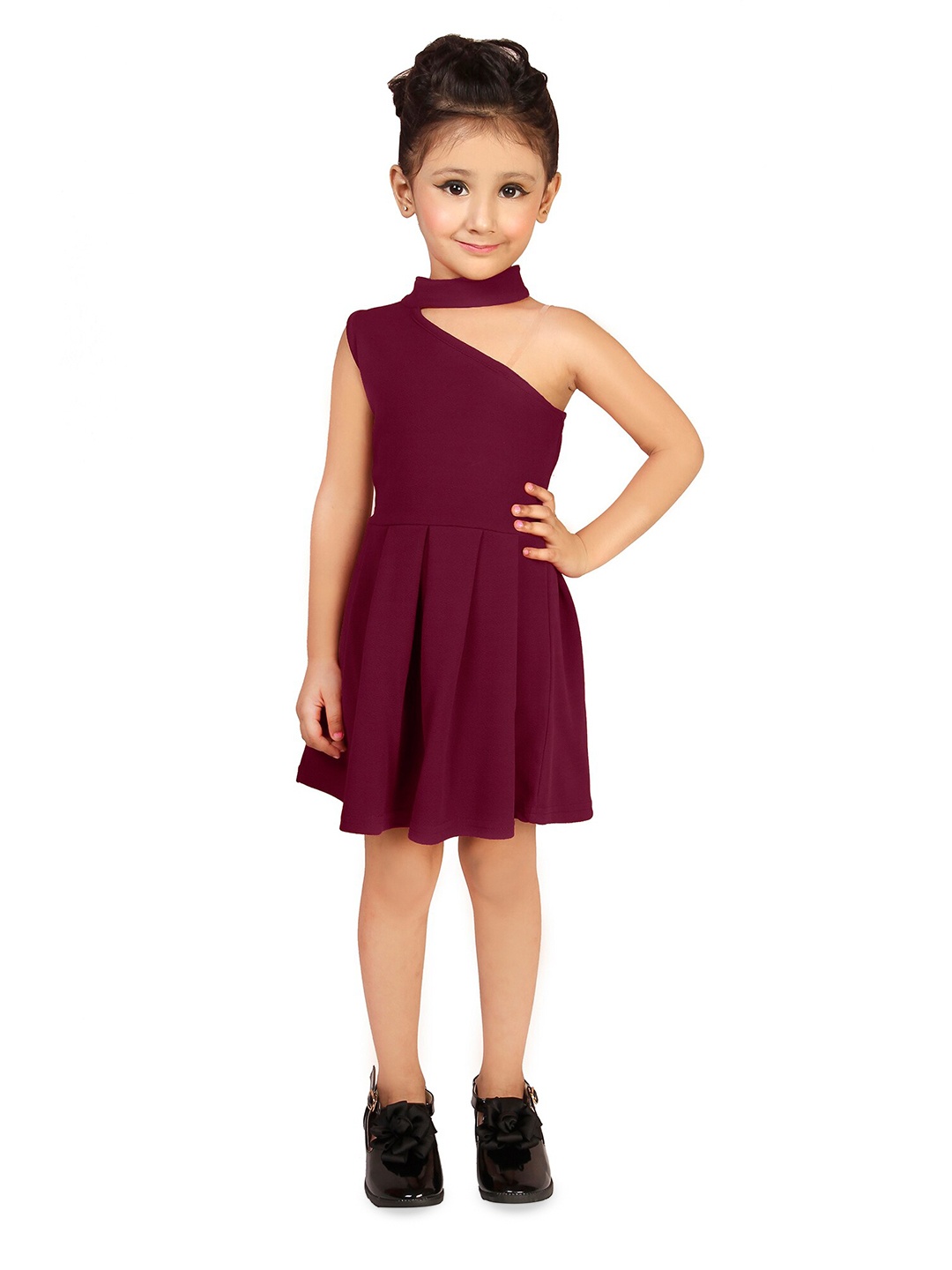 

ADDYVERO Girls One Shoulder Sleeveless Pleated Fit & Flare Dress, Maroon