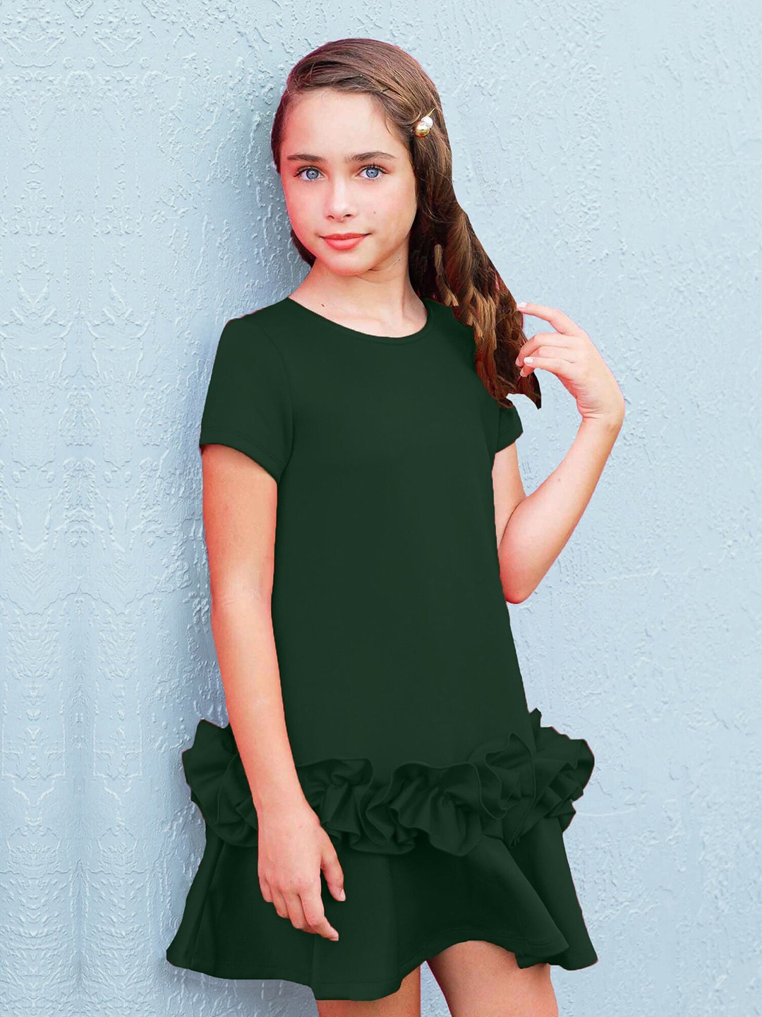 

ADDYVERO Girls Round Neck Ruffled A-Line Dress, Green