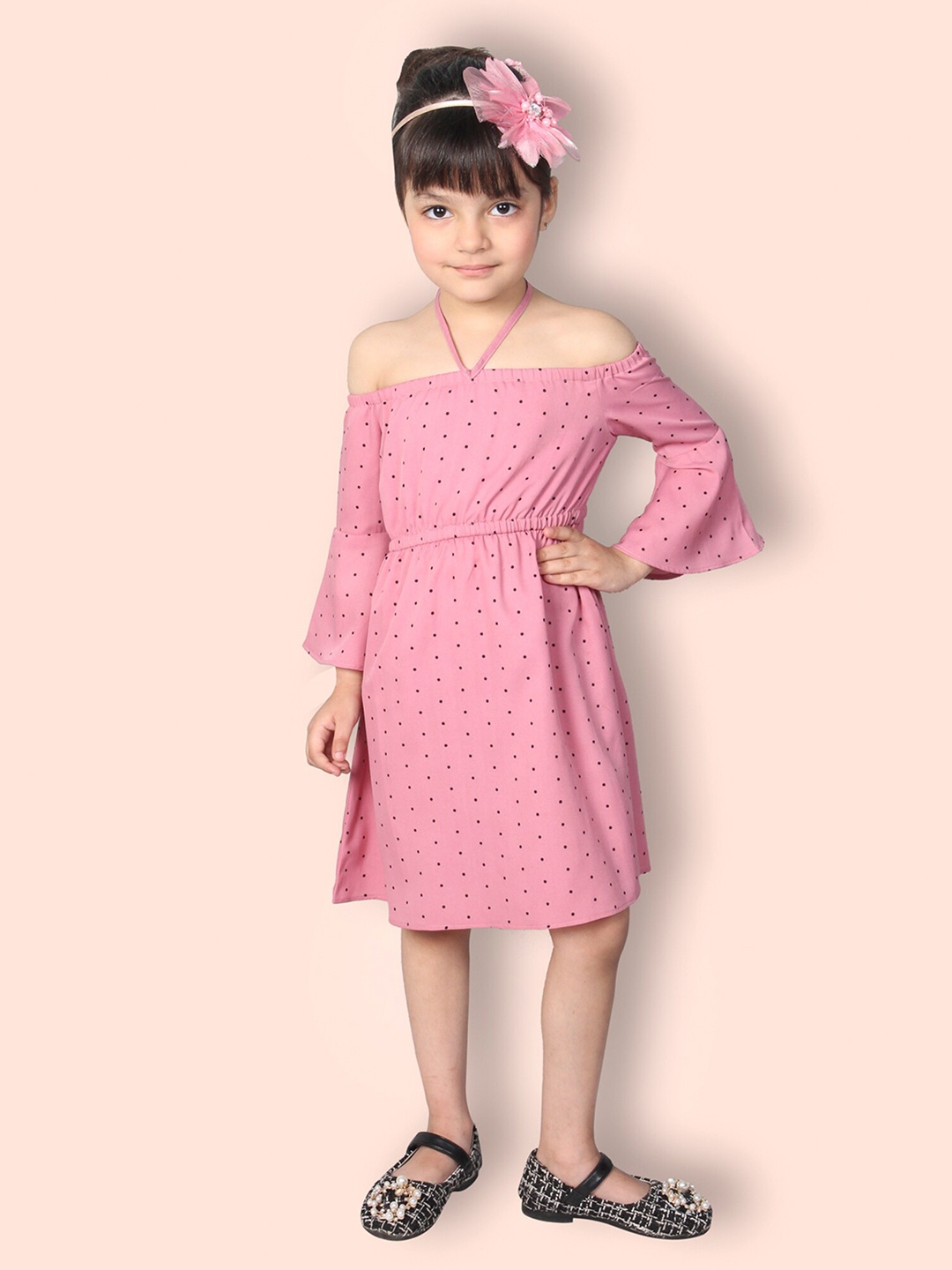 

ADDYVERO Girls Polka Dots Printed Off-Shoulder Bell Sleeve Gathered Fit & Flare Dress, Pink