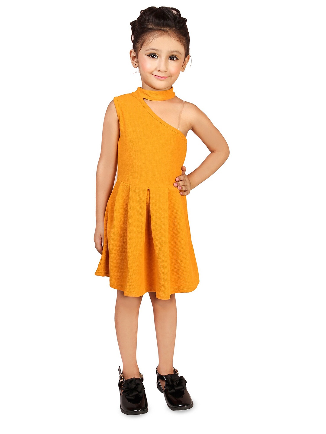 

ADDYVERO Girls One Shoulder Sleeveless Pleated Fit & Flare Dress, Yellow