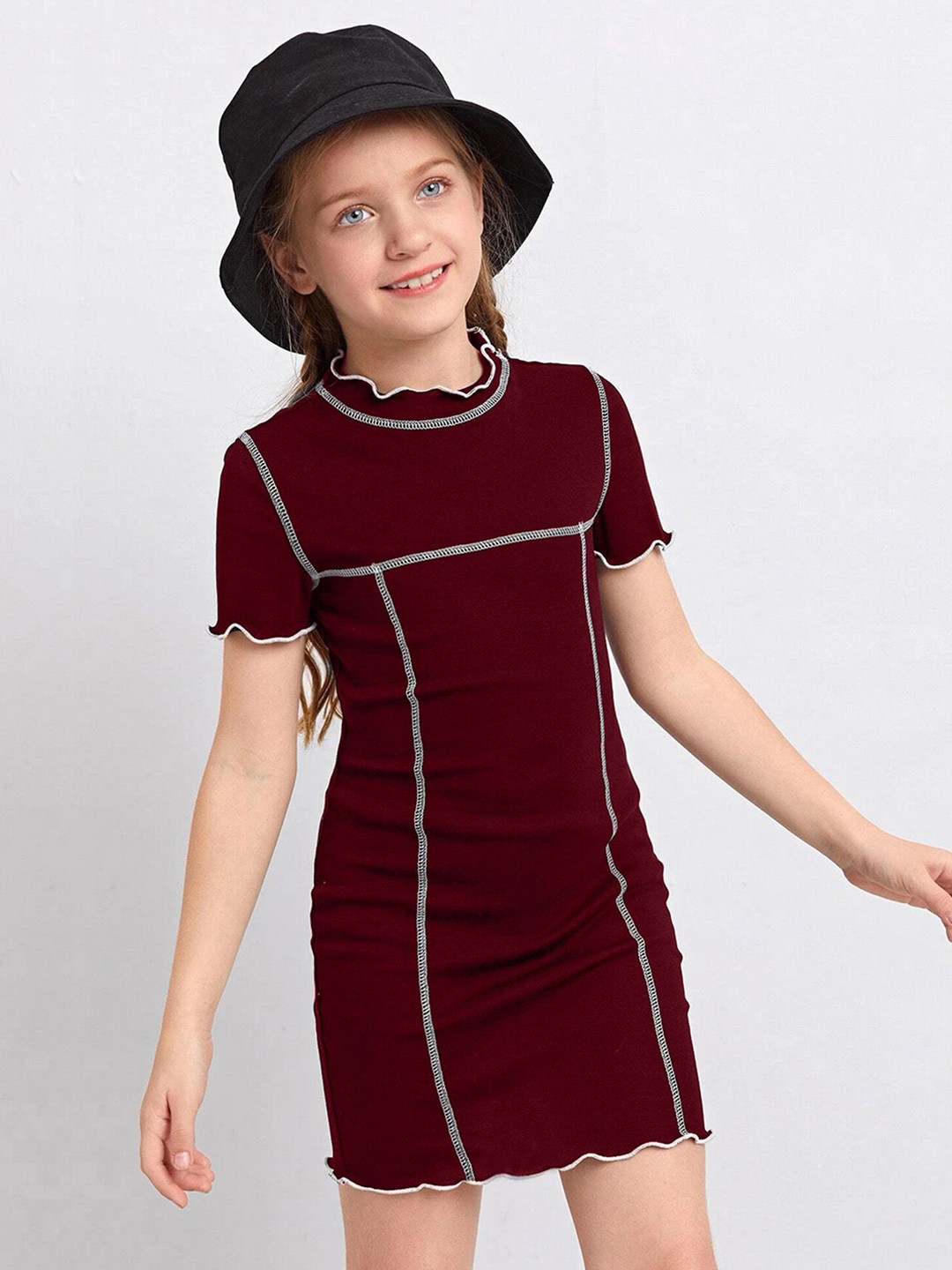 

ADDYVERO Girls Round Neck Embroidered Bodycon Dress, Maroon